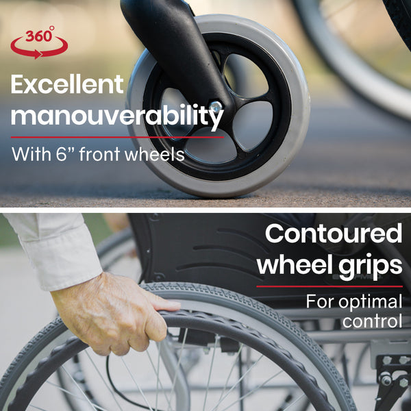 Equipmed 20 Inch Folding Wheelchair Lightweight Aluminium Portable With Park Brakes Black Wheelchairs