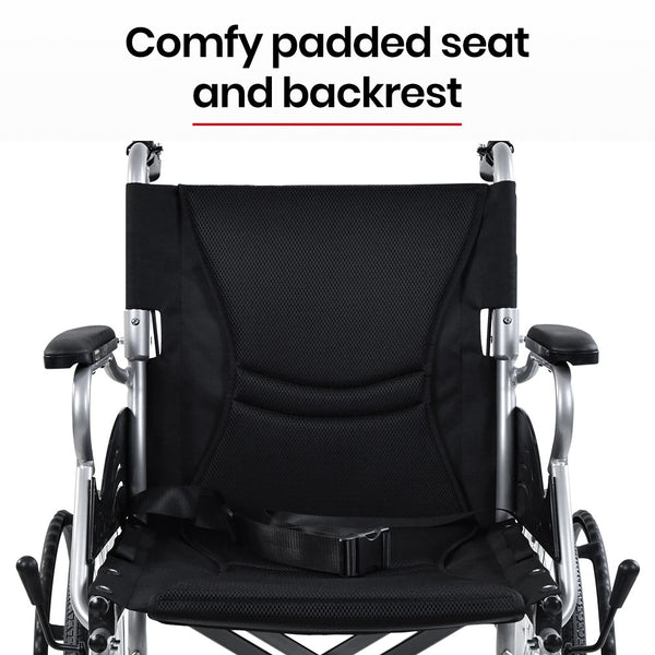 Equipmed 20 Inch Folding Wheelchair Lightweight Aluminium Portable With Park Brakes Black Wheelchairs