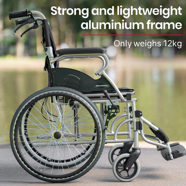 Equipmed 20 Inch Folding Wheelchair Lightweight Aluminium Portable With Park Brakes Black Wheelchairs