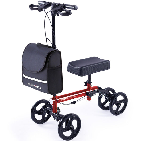 Equipmed Knee Scooter Walker Dual Brakes Bag Broken Leg Ankle Foot Mobility Crutches Alternative Red Walkers & Canes