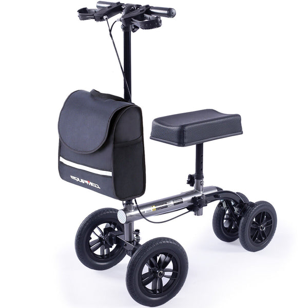 Equipmed Knee Scooter Walker 10 Inch Tyres Dual Brakes Bag Broken Leg Ankle Foot Mobility Crutches Alternative Titanium Colour Walkers & Canes