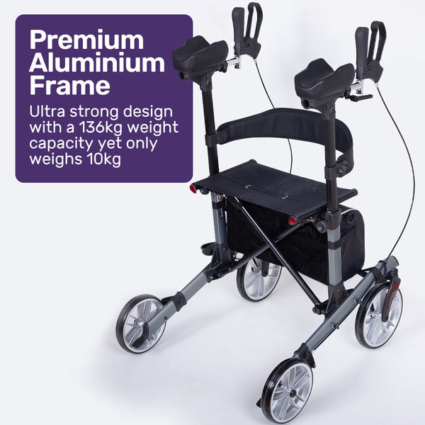 Equipmed Upright Rollator Walker With Forearm Rest Supports Mobilty Aid Seat Grey Walkers & Canes
