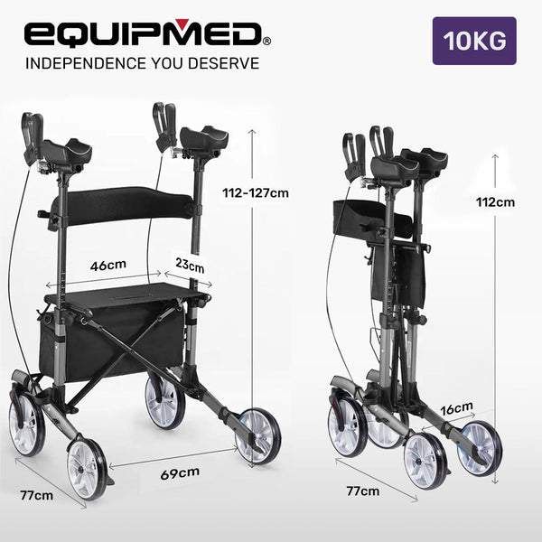 Equipmed Upright Rollator Walker With Forearm Rest Supports Mobilty Aid Seat Grey Walkers & Canes