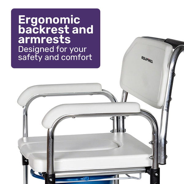 Equipmed Commode Shower Chair Over Toilet Or Bedside 136Kg Capacity Aluminium Frame With Wheels White/Blue Commodes & Shower Chairs
