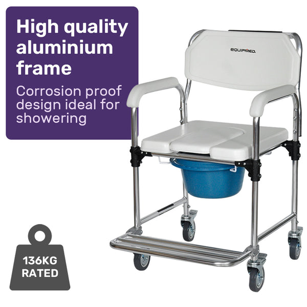 Equipmed Commode Shower Chair Over Toilet Or Bedside 136Kg Capacity Aluminium Frame With Wheels White/Blue Commodes & Shower Chairs