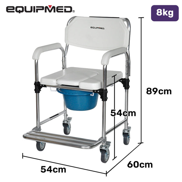 Equipmed Commode Shower Chair Over Toilet Or Bedside 136Kg Capacity Aluminium Frame With Wheels White/Blue Commodes & Shower Chairs