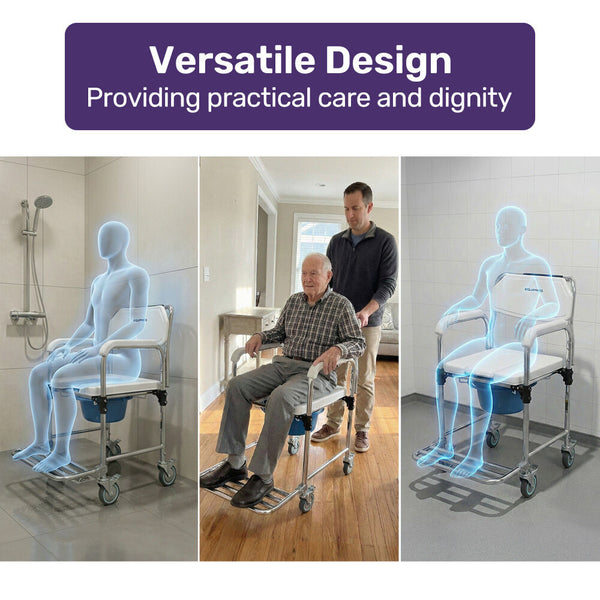 Equipmed Commode Shower Chair Over Toilet Or Bedside 136Kg Capacity Aluminium Frame With Wheels White/Blue Commodes & Shower Chairs