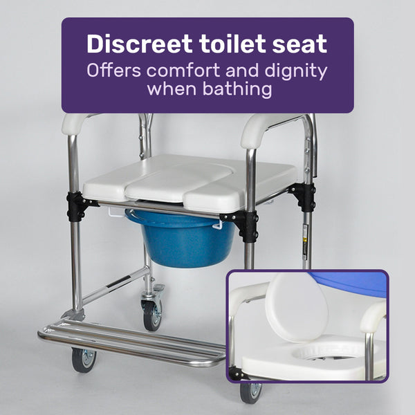 Equipmed Commode Shower Chair Over Toilet Or Bedside 136Kg Capacity Aluminium Frame With Wheels White/Blue Commodes & Shower Chairs