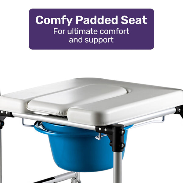 Equipmed Commode Shower Chair Over Toilet Or Bedside 136Kg Capacity Aluminium Frame With Wheels White/Blue Commodes & Shower Chairs