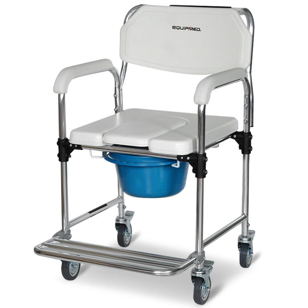 Equipmed Commode Shower Chair Over Toilet Or Bedside 136Kg Capacity Aluminium Frame With Wheels White/Blue Commodes & Shower Chairs