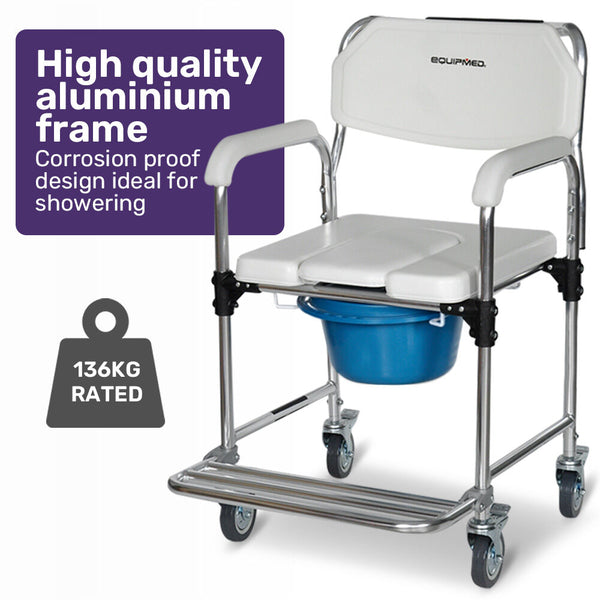 Equipmed Commode Shower Chair Over Toilet Or Bedside 136Kg Capacity Aluminium Frame With Wheels White/Blue Commodes & Shower Chairs