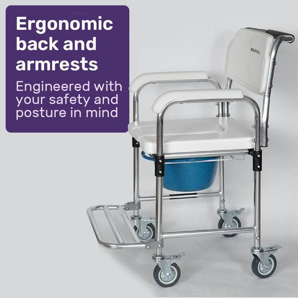 Equipmed Commode Shower Chair Over Toilet Or Bedside 136Kg Capacity Aluminium Frame With Wheels White/Blue Commodes & Shower Chairs