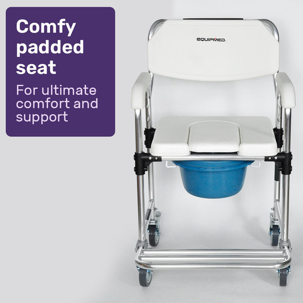 Equipmed Commode Shower Chair Over Toilet Or Bedside 136Kg Capacity Aluminium Frame With Wheels White/Blue Commodes & Shower Chairs