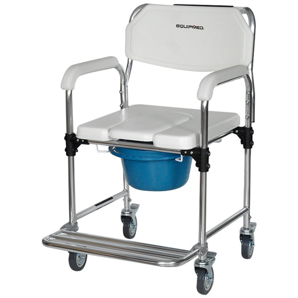Equipmed Commode Shower Chair Over Toilet Or Bedside 136Kg Capacity Aluminium Frame With Wheels White/Blue Commodes & Shower Chairs