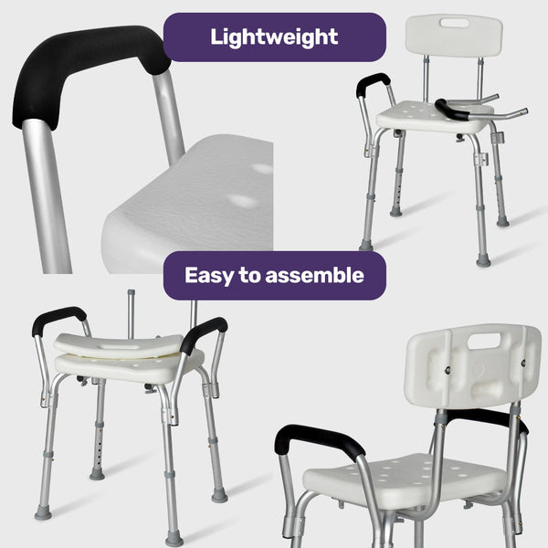 Equipmed Shower Chair Bath Seat 120Kg Capacity With Arms Adjustable Height For Elderly White Commodes & Shower Chairs