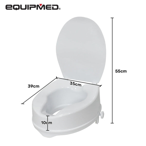 Equipmed Raised Over Toilet Seat 10Cm Riser 125Kg Capacity Raiser With Lid White Toilest Seats