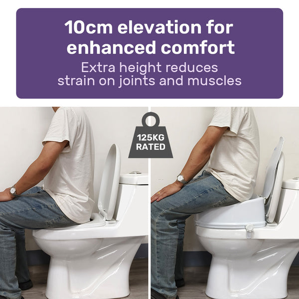 Equipmed Raised Over Toilet Seat 10Cm Riser 125Kg Capacity Raiser With Lid White Toilest Seats