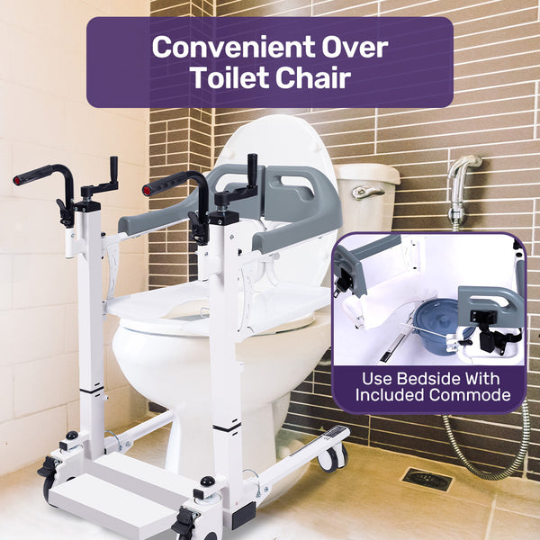 Equipmed 4In1 Patient Lift Transfer Chair Manual Height Adjustment Shower Compatible Over Toilet Removable Commode For Seniors Elderly Disabled Commod