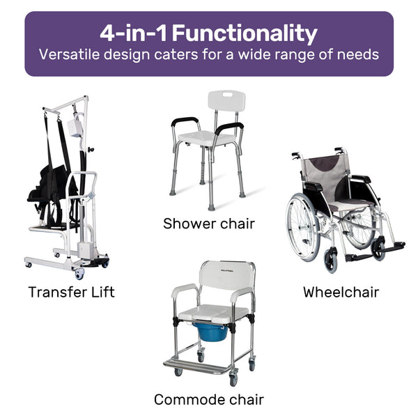 Equipmed 4In1 Patient Lift Transfer Chair Manual Height Adjustment Shower Compatible Over Toilet Removable Commode For Seniors Elderly Disabled Commod