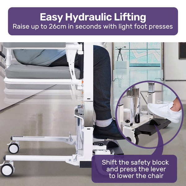 Equipmed 4In1 Patient Lift Transfer Chair Easy Hydraulic Height Adjustment Shower Compatible Over Toilet Removable Commode For Seniors Elderly Disable