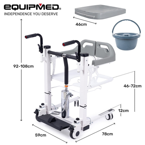 Equipmed 4In1 Patient Lift Transfer Chair Easy Hydraulic Height Adjustment Shower Compatible Over Toilet Removable Commode For Seniors Elderly Disable