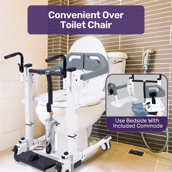 Equipmed 4In1 Patient Lift Transfer Chair Easy Hydraulic Height Adjustment Shower Compatible Over Toilet Removable Commode For Seniors Elderly Disable