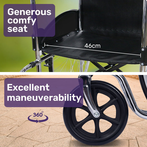 Equipmed Folding Manual Wheelchair Self Propelled 24' Rear Wheels Chrome Steel Frame 46Cm Wide Seat 100Kg Capacity Park Brakes Wheelchairs