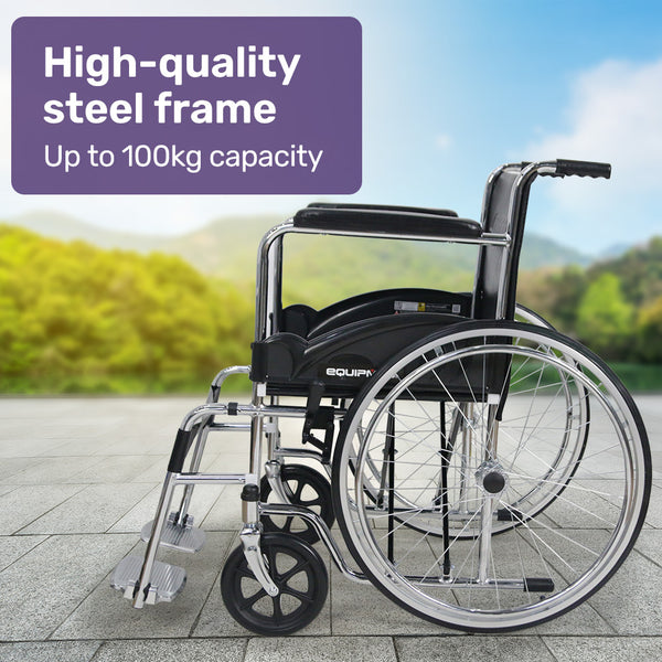 Equipmed Folding Manual Wheelchair Self Propelled 24' Rear Wheels Chrome Steel Frame 46Cm Wide Seat 100Kg Capacity Park Brakes Wheelchairs