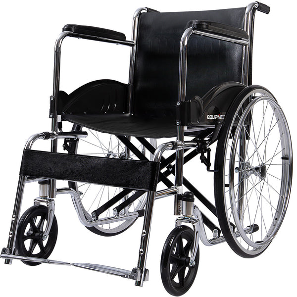 Equipmed Folding Manual Wheelchair Self Propelled 24' Rear Wheels Chrome Steel Frame 46Cm Wide Seat 100Kg Capacity Park Brakes Wheelchairs