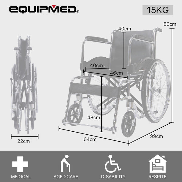 Equipmed Folding Manual Wheelchair Self Propelled 24' Rear Wheels Chrome Steel Frame 46Cm Wide Seat 100Kg Capacity Park Brakes Wheelchairs