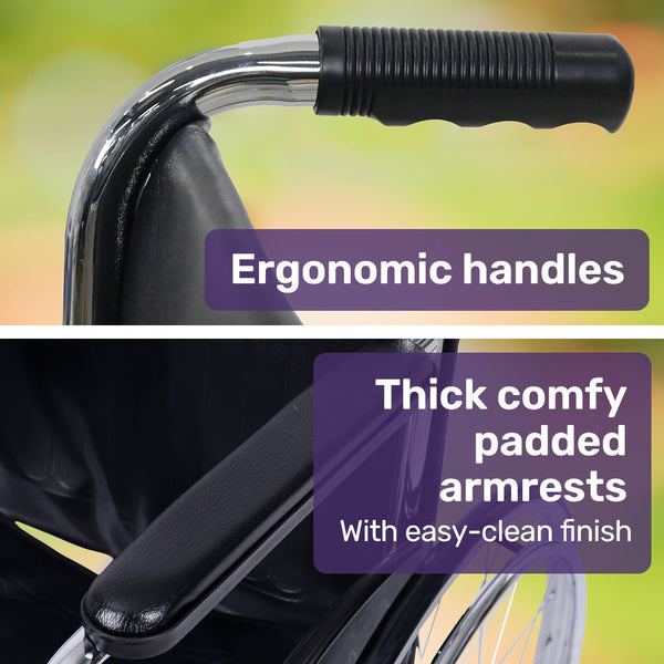 Equipmed Folding Manual Wheelchair Self Propelled 24' Rear Wheels Chrome Steel Frame 46Cm Wide Seat 100Kg Capacity Park Brakes Wheelchairs