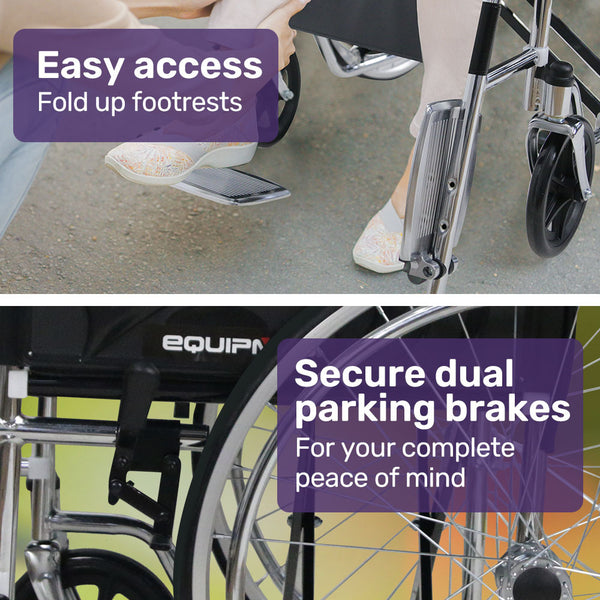 Equipmed Folding Manual Wheelchair Self Propelled 24' Rear Wheels Chrome Steel Frame 46Cm Wide Seat 100Kg Capacity Park Brakes Wheelchairs