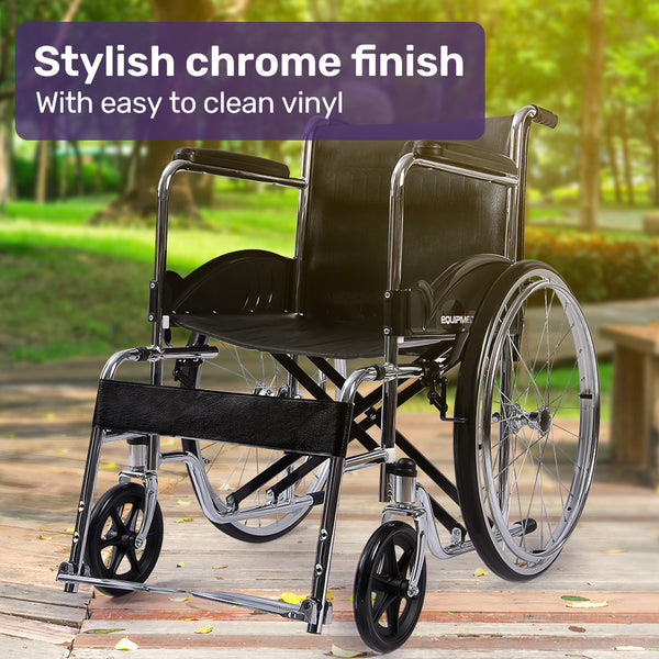 Equipmed Folding Manual Wheelchair Self Propelled 24' Rear Wheels Chrome Steel Frame 46Cm Wide Seat 100Kg Capacity Park Brakes Wheelchairs