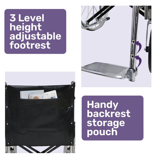 Equipmed Folding Manual Wheelchair Self Propelled 24' Rear Wheels Chrome Steel Frame 46Cm Wide Seat 100Kg Capacity Park Brakes Wheelchairs