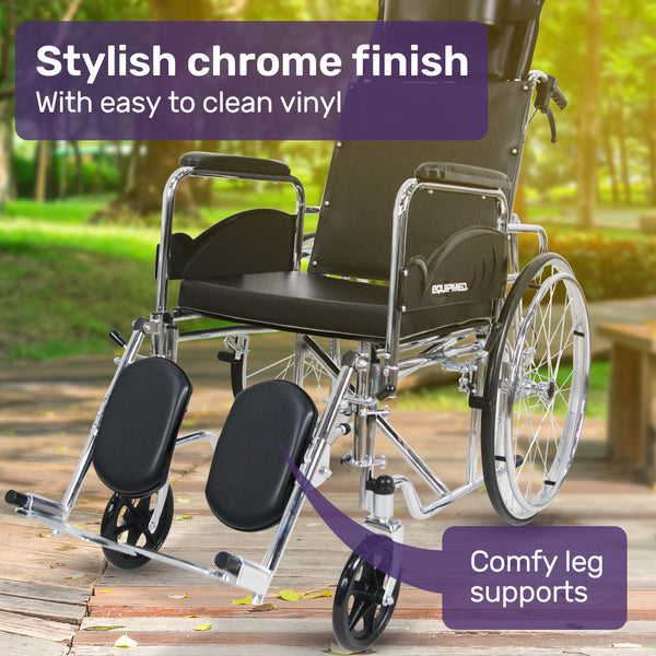 Equipmed Folding Manual Reclining Wheelchair Self Propelled 24' Rear Wheels Chrome Steel Frame 46Cm Wide Seat 100Kg Capacity Park Brakes Wheelchairs