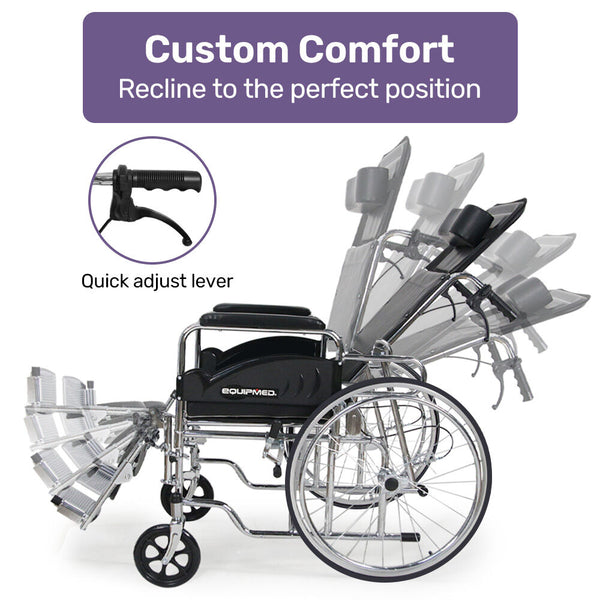 Equipmed Folding Manual Reclining Wheelchair Self Propelled 24' Rear Wheels Chrome Steel Frame 46Cm Wide Seat 100Kg Capacity Park Brakes Wheelchairs