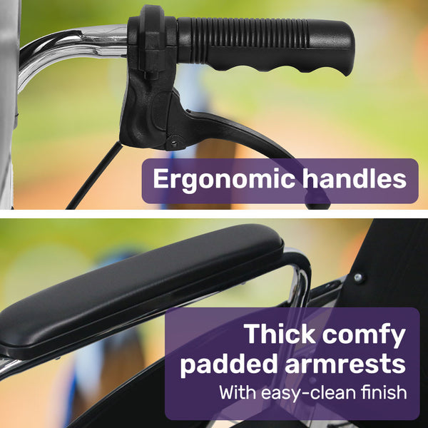 Equipmed Folding Manual Reclining Wheelchair Self Propelled 24' Rear Wheels Chrome Steel Frame 46Cm Wide Seat 100Kg Capacity Park Brakes Wheelchairs