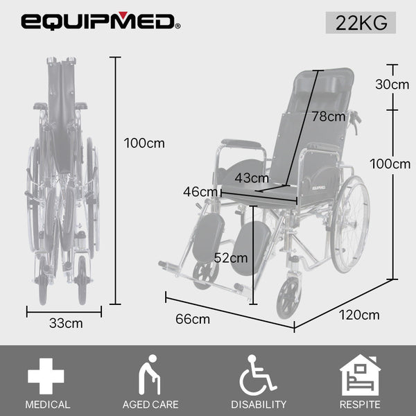 Equipmed Folding Manual Reclining Wheelchair Self Propelled 24' Rear Wheels Chrome Steel Frame 46Cm Wide Seat 100Kg Capacity Park Brakes Wheelchairs