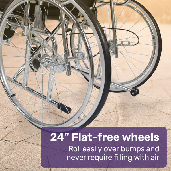 Equipmed Folding Manual Reclining Wheelchair Self Propelled 24' Rear Wheels Chrome Steel Frame 46Cm Wide Seat 100Kg Capacity Park Brakes Wheelchairs