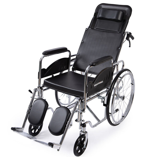 Equipmed Folding Manual Reclining Wheelchair Self Propelled 24' Rear Wheels Chrome Steel Frame 46Cm Wide Seat 100Kg Capacity Park Brakes Wheelchairs