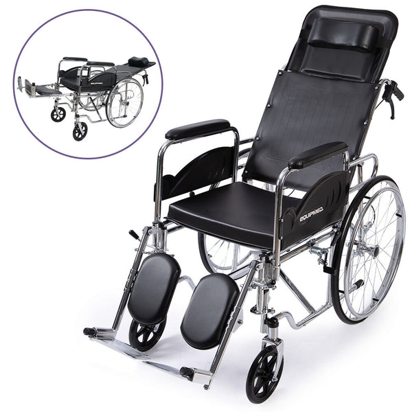 Equipmed Folding Manual Reclining Wheelchair Self Propelled 24' Rear Wheels Chrome Steel Frame 46Cm Wide Seat 100Kg Capacity Park Brakes Wheelchairs
