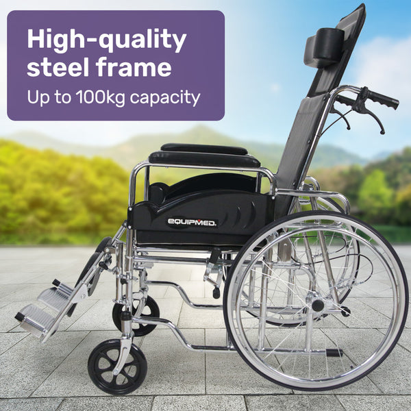 Equipmed Folding Manual Reclining Wheelchair Self Propelled 24' Rear Wheels Chrome Steel Frame 46Cm Wide Seat 100Kg Capacity Park Brakes Wheelchairs