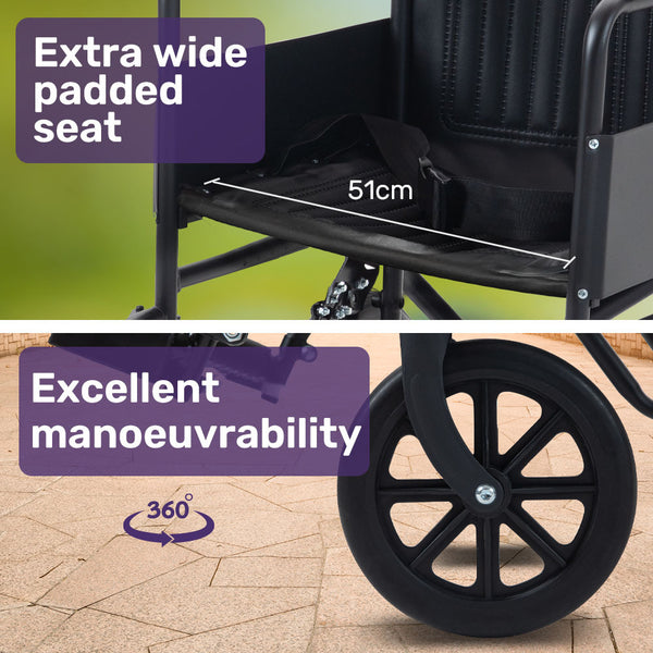 Equipmed Folding Transit Manual Wheelchair Attendant Propelled Steel Frame Wide Seat Comfortable For Xl 114Kg Capacity Park Brakes Transport Wheelchai