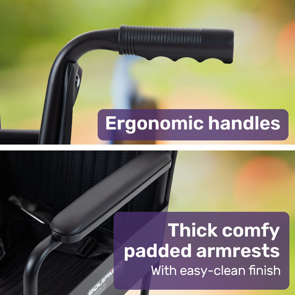 Equipmed Folding Transit Manual Wheelchair Attendant Propelled Steel Frame Wide Seat Comfortable For Xl 114Kg Capacity Park Brakes Transport Wheelchai