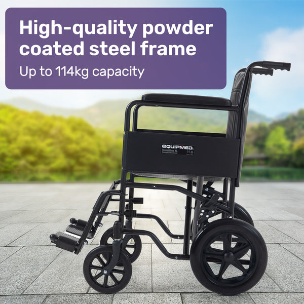 Equipmed Folding Transit Manual Wheelchair Attendant Propelled Steel Frame Wide Seat Comfortable For Xl 114Kg Capacity Park Brakes Transport Wheelchai