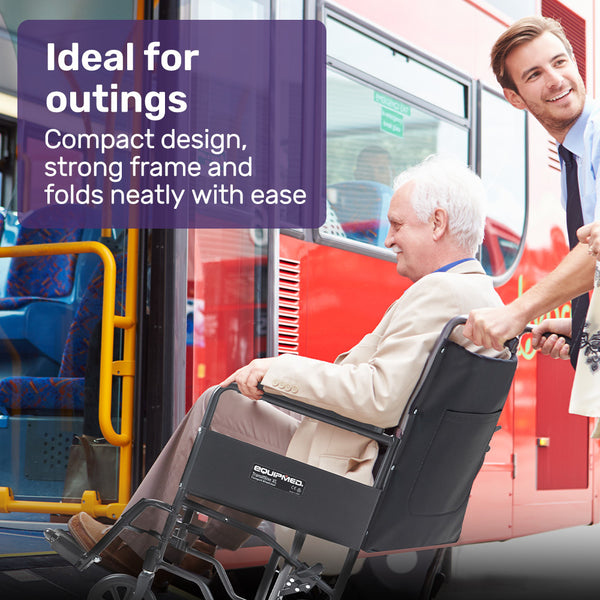 Equipmed Folding Transit Manual Wheelchair Attendant Propelled Steel Frame Wide Seat Comfortable For Xl 114Kg Capacity Park Brakes Transport Wheelchai