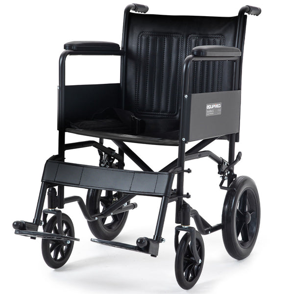 Equipmed Folding Transit Manual Wheelchair Attendant Propelled Steel Frame Wide Seat Comfortable For Xl 114Kg Capacity Park Brakes Transport Wheelchai