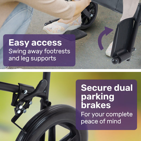 Equipmed Folding Transit Manual Wheelchair Attendant Propelled Steel Frame Wide Seat Comfortable For Xl 114Kg Capacity Park Brakes Transport Wheelchai