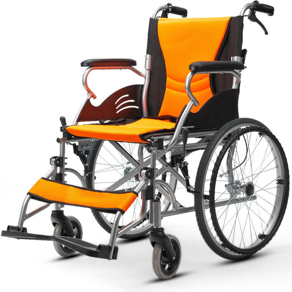 Equipmed Folding Aluminium Wheelchair, 20" Wheels, Park Brakes, 100Kg Capacity, Orange Wheelchairs