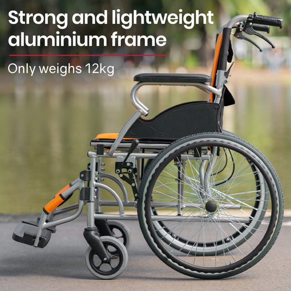 Equipmed Folding Aluminium Wheelchair, 20" Wheels, Park Brakes, 100Kg Capacity, Orange Wheelchairs